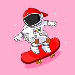 Astronaut performs freestyle on skateboard Illustration Cartoon Design Vector