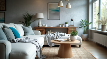 modern living room features a white sectional sofa with blue and gray cushions complemented by a wooden coffee table and natural light.