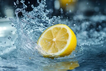 A vibrant lemon half splashing into cool water, creating a refreshing burst of juicy citrus energy with dynamic water droplets and a blurry background.