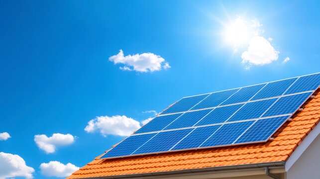 Solar Panels on a Rooftop: The image showcases solar panels installed on a rooftop under a bright, sunny sky with fluffy clouds, representing a commitment to green energy.