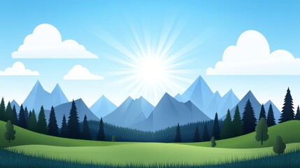 Obraz premium Pixel art landscape depicting a sunlit meadow, dark green pine forest, and blue mountains under a bright sky with fluffy white clouds. 