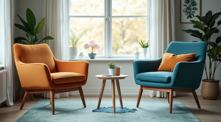 Fototapeta premium two armchairs mustard yellow and teal blue in a bright and airy living room