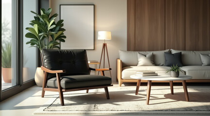black leather armchair and beige sofa in a sunlit modern living room