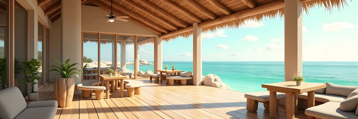 Obraz premium Elegant waterfront veranda with rustic wooden furniture and Mediterranean-inspired design