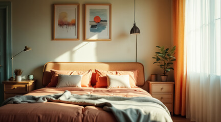 sunlit bedroom with duvet and wooden furnishings