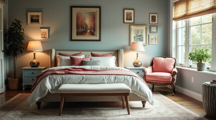 serene bedroom interior with a cozy bed soft lighting and pastel colors