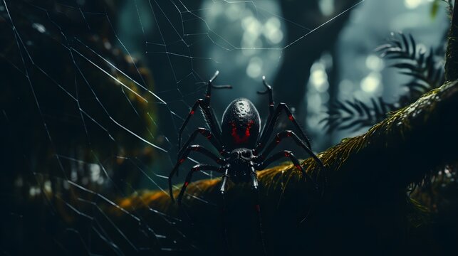 Here's a description of the image: A black spider, possibly a black widow due to the red markings, sits in a shadowed web in a jungle-like setting. This file has been submitted to a website.