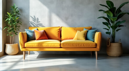 Fototapeta premium vibrant yellow couch with colorful pillows in a sunlit living room