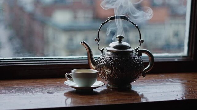 Steam rises gently from teapot, evoking warmth and calm, a perfect moment of tea-time peace with elegant detail and soothing vibes