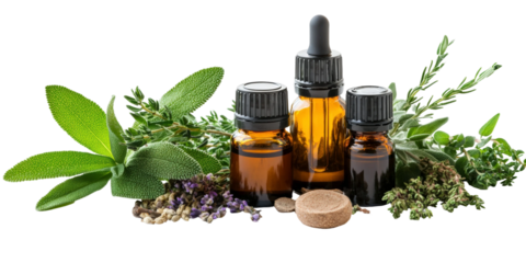 Natural Essential Oils with Fresh Herbs and Green Plants for Aromatherapy and Wellness in a Studio Setting on a White Background