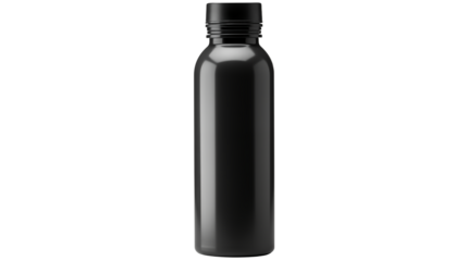 A sleek black metal water bottle with a black cap isolated against a black background