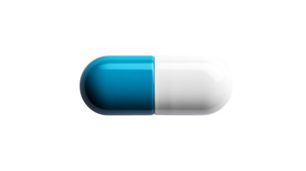 A single blue and white capsule pill isolated on a black background in a horizontal view