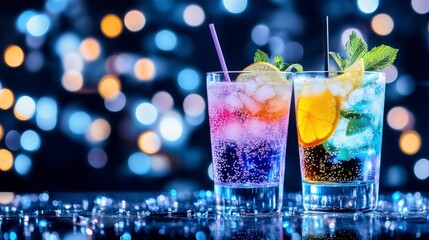 Two vibrant cocktails with layered colors, garnished with mint and citrus, sit on a reflective surface against a bokeh background of blurred lights.