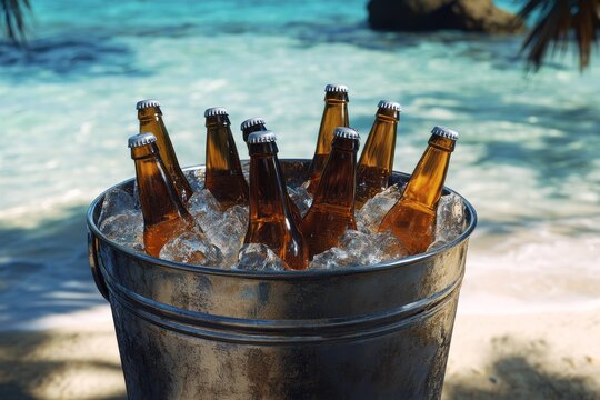 Metal bucket cooling beer bottles on tropical sandy beach