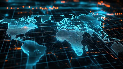 A digital world map with glowing blue lines, representing data connectivity and technology in a modern, high-tech environment.
