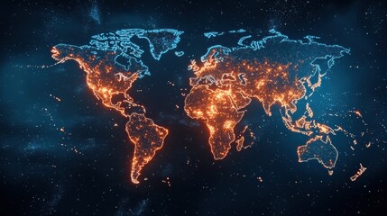A digital map of the world illuminated with glowing city lights, set against a dark starry background, highlighting global connectivity.