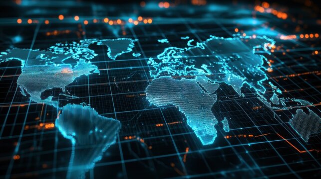 A digital world map with glowing blue lines, representing data connectivity and technology in a modern, high-tech environment. - Powered by Adobe