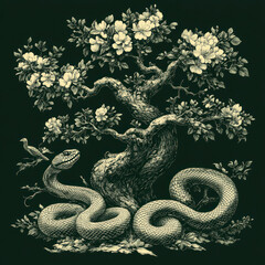 Obraz premium a stylized engraving or illustration in monochrome colors. In the center of the composition is a tree with a curved trunk and spreading flowering branches 
