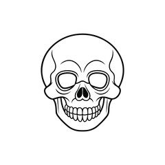 Skull and crossbones icon with a human skull illustration showing bones, teeth, and a scary face, designed in a black, cartoonish style representing death, danger, and horror