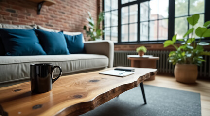 Fototapeta premium black mug and notepad on a live-edge wooden coffee table in a sunlit living room