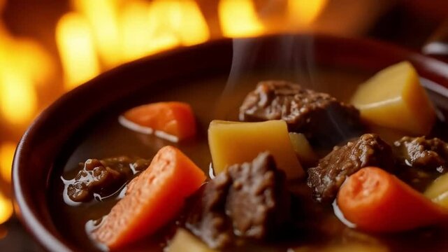 Bowl of beef stew with tender chunks of beef, carrots, and potatoes, served steaming hot in rustic setting. Warm flames softly blurred in background.