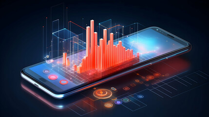 Mobile phone displaying vibrant 3D financial charts soaring high, illustrating growth and success with a dark, sleek background and glowing neon accents.