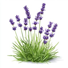 Naklejka premium A lush lavender plant with vibrant purple flowers and green foliage, isolated on a white background. The image features multiple stems of lavender, exhibiting various stages of bloom.