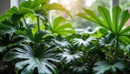 Lush tropical leaves glowing in soft light, nature's tranquility