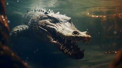 Naklejka premium crocodile lurks in murky water, teeth bared. The image is AI generated and tagged with keywords like danger, predator, and swamp.
