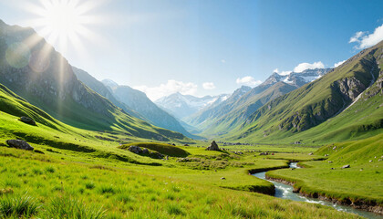 Stunning green valley under clear sky with distant mountains, nature's beauty