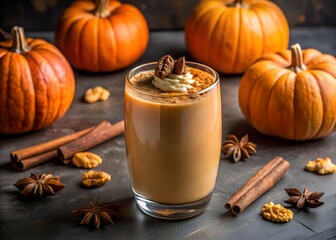 Pumpkin Spice Delight An inviting view of a pumpkin spice smoothie. The drink is garnished with nuts and cinnamon sticks, and placed on a dark surface with pumpkins in the background