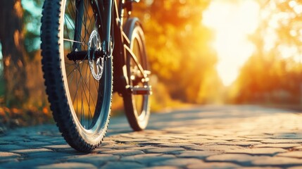Close-up of mountain bike tire on cobblestone path at sunset.