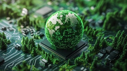 A photorealistic image of a green globe floating above a circuit board landscape, lush green trees growing from the circuit board