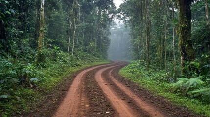 A winding dirt road through a dense tropical forest environment