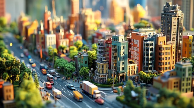 Miniature Cityscape with Cars and Buildings Creating a Quaint Urban Scene