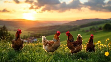 A group of six Rhode Island Red hens standing in a grassy field at sunset, vibrant orange sky, rolling hills in the background