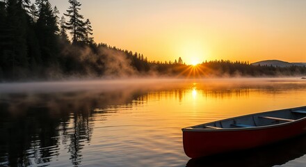 Canoe on a misty lake at sunrise with a serene and tranquil atmosphere