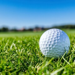 Obraz premium Close up view of a white golf ball resting on a vibrant green grass field under a clear blue sky. 