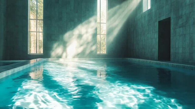 A ray tracing visualization of an indoor pool with water reflections on tiles and a soft, glowing light source.