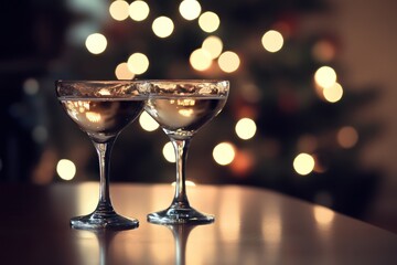 Two glasses of bubbly champagne await a festive celebration against a shimmering Christmas tree backdrop of warm, golden lights.