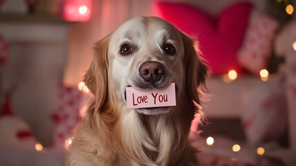 Loving Golden Retriever with a Valentine’s Day Card, Warm Cozy Scene, Romantic and Affectionate Vibes