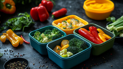 Assortment of colorful vegetables in containers on a dark surface for healthy eating and meal prep