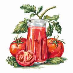 Watercolor Tomato Juice with Fresh Tomatoes and Vines