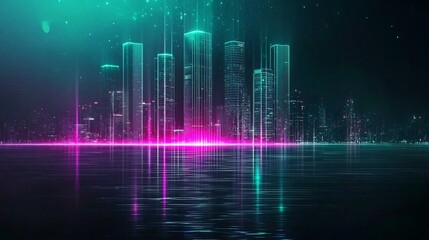 Fototapeta premium A vibrant digital cityscape featuring futuristic skyscrapers reflected in tranquil water, illuminated with neon colors of teal and pink.