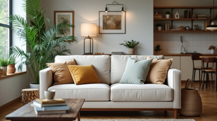 Fototapeta premium pristine sofa with earth-toned pillows in a modern living room setting