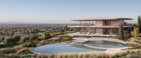 Fototapeta premium Modern two-story home with a pool on a hillside overlooking a town with a clear sky