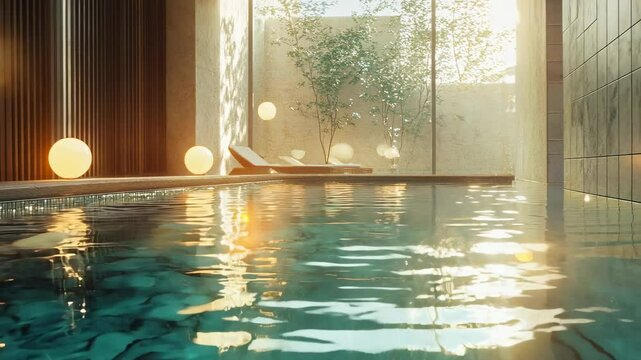 A ray tracing visualization of an indoor pool with water reflections on tiles and a soft, glowing light source.