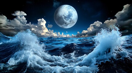 Beautiful Night Ocean Waves Under a Full Moon with Dramatic Clouds Illuminating the Sky
