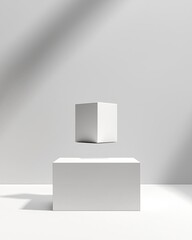 A minimalist scene featuring a levitating geometric cube in a serene environment.