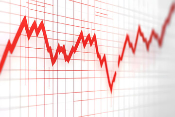 Naklejka premium Red stock market graph line depicting a declining trend on a white grid background. Concept of financial crisis and stock market crash. 3D Rendering